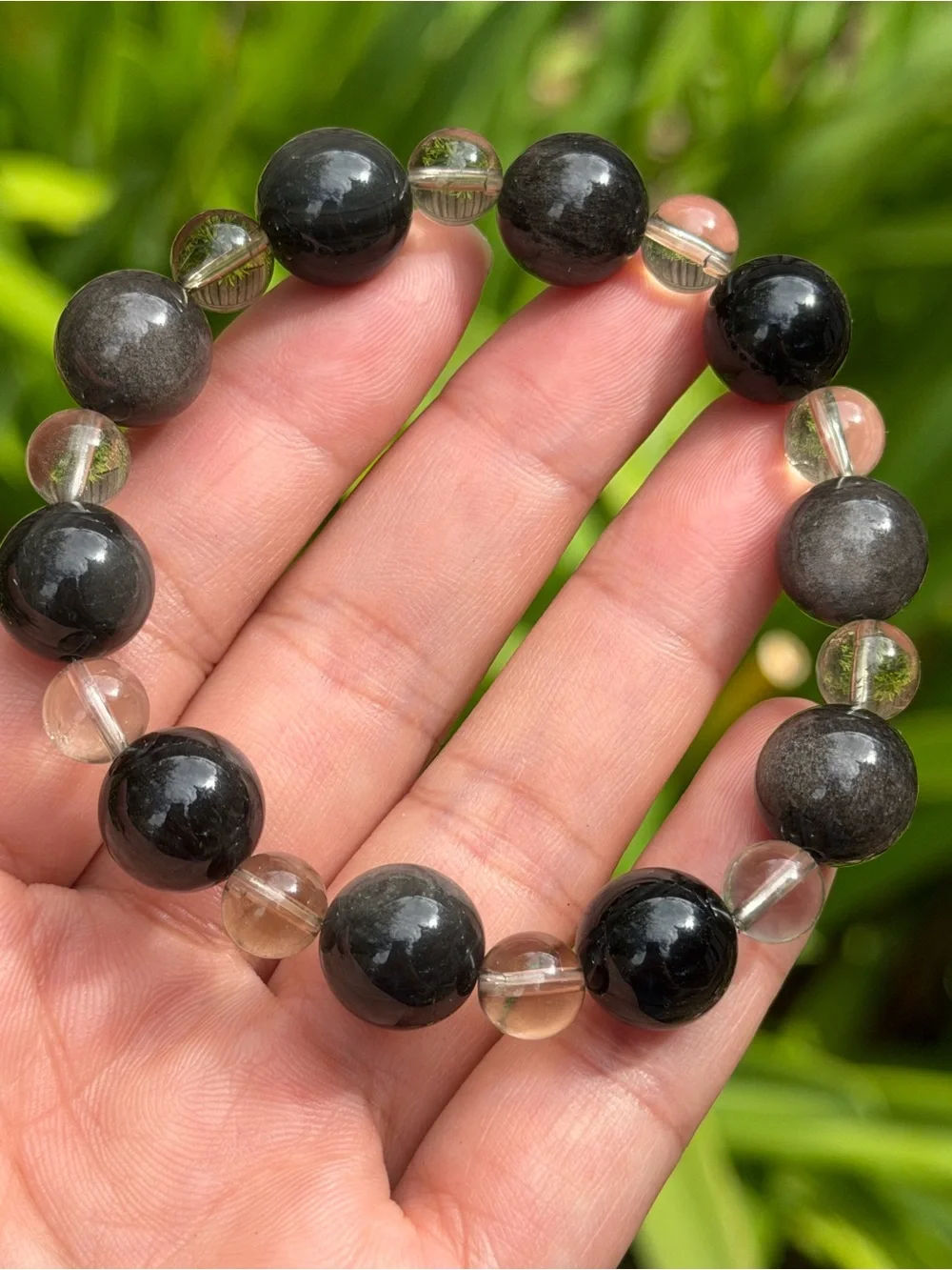 12mm Silver Obsidian Smoky Quartz Stretch Bracelet 2328